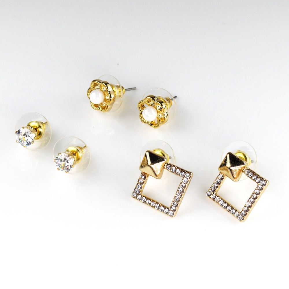 Woman Gold Plated Flower&Rhombus 3Set Stud Earring